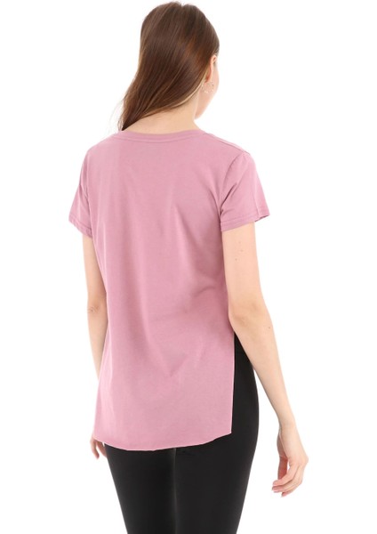 Kadın %100 Pamuk Bisiklet Yaka T-Shirt Fumus Pembe fırsatları