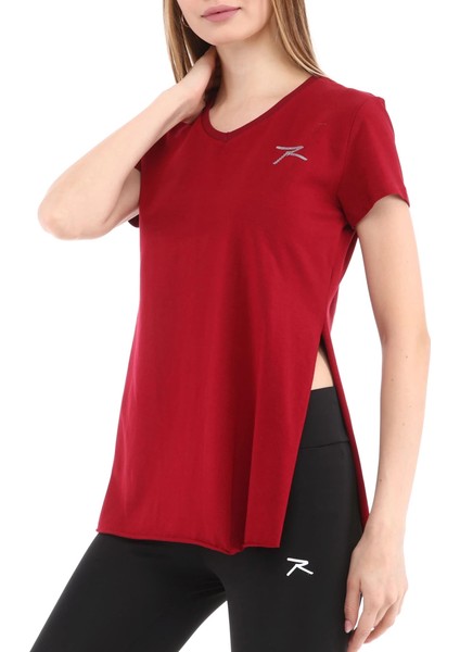 Kadın %100 Pamuk V Yaka T-Shirt Fragum Bordo