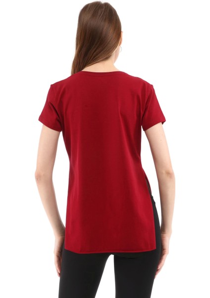 Kadın %100 Pamuk V Yaka T-Shirt Fragum Bordo fırsatları