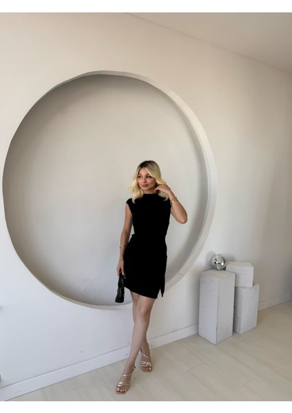 Ulak Handmader Kadın Kısa Kap Kollu Bisiklet Yaka Belden Bağlamalı Modal Mini Elbise modelleri