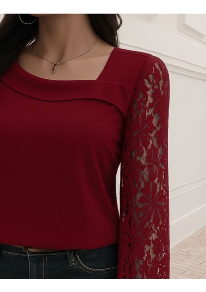 Ulak Handmader Kadın Uzun Kollu Asimetrik Yakalı Dantelli Ithal Krep Bluz fiyatları