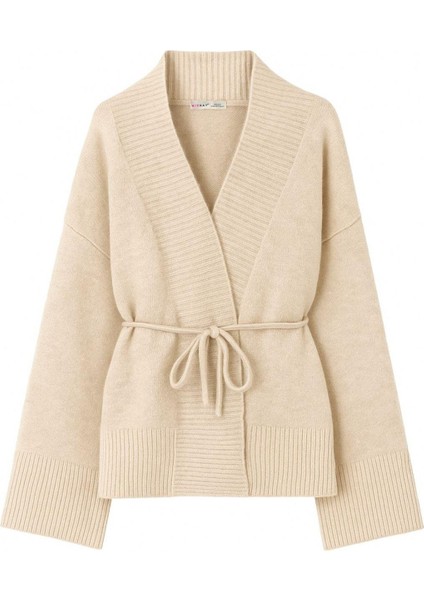 6966 Kadın V Yaka Ip Bağlamalı Triko Hırka Bej