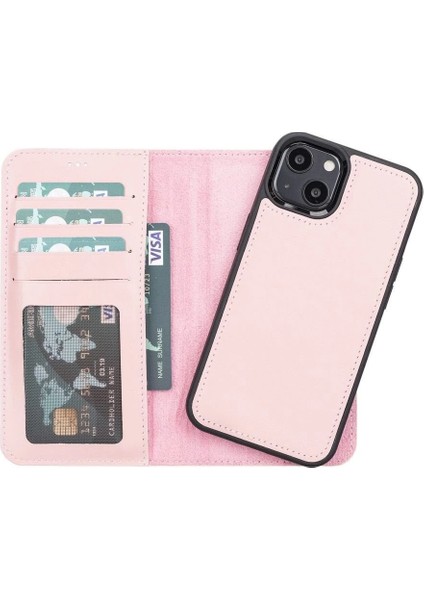 Apple iPhone 13 Uyumlu Deri Cüzdanlı Kılıf Nu2 Pembe