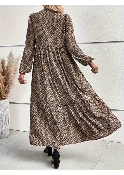 Ulak Handmader Kadın Uzun Kollu Hakim Yakalı Düğmeli Kemersiz Desenli Maxi Süprem Elbise fırsatları