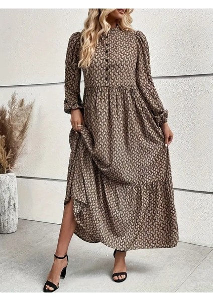 Ulak Handmader Kadın Uzun Kollu Hakim Yakalı Düğmeli Kemersiz Desenli Maxi Süprem Elbise indirimleri