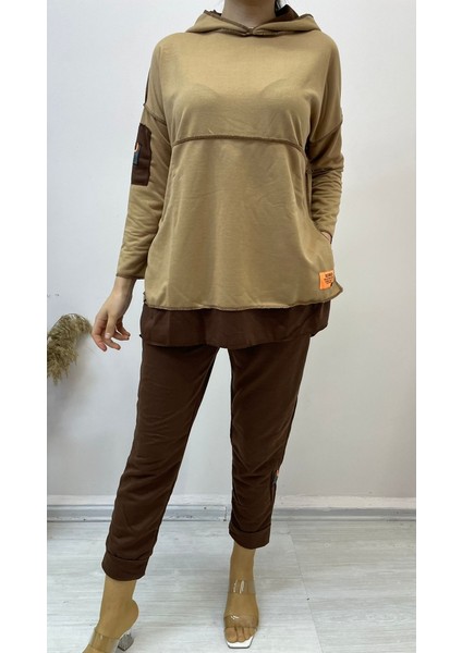 Ulak Handmader Kadın Kahve Kapşonlu Etek Ucu Detay Arma Ters Dikiş Gorunumlu Ikili Takım fırsatları