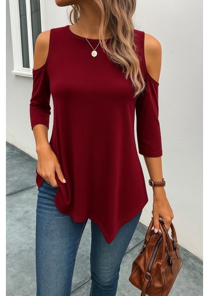 Ulak Handmader Kadın Omuzlardan Açık Sıfır Yaka Asimetrik Kesim Detay Viskon Bluz modelleri