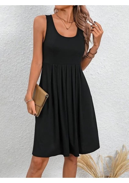 Ulak Handmader Kadın Askılı Yuvarlak Yaka Önden Pileli Viskon Elbise indirimleri