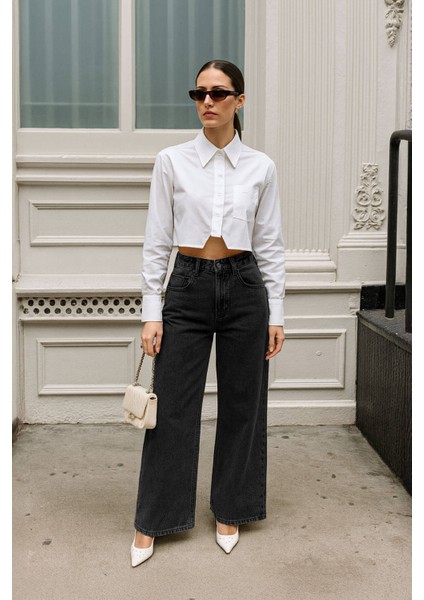 Kadın Siyah Yüksek Bel Wide Leg Jean Pantolon