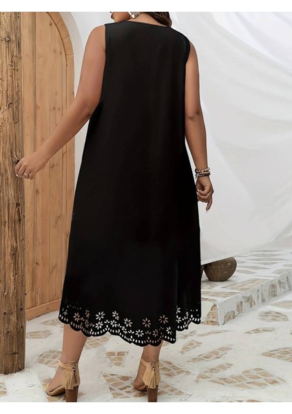 Ulak Handmader Kadın Kolsuz Etek Ucu Lazer Kesim Çiçek Desenli Midi Boy Janjan Krep Elbise