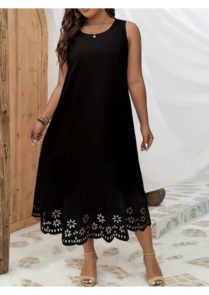 Ulak Handmader Kadın Kolsuz Etek Ucu Lazer Kesim Çiçek Desenli Midi Boy Janjan Krep Elbise