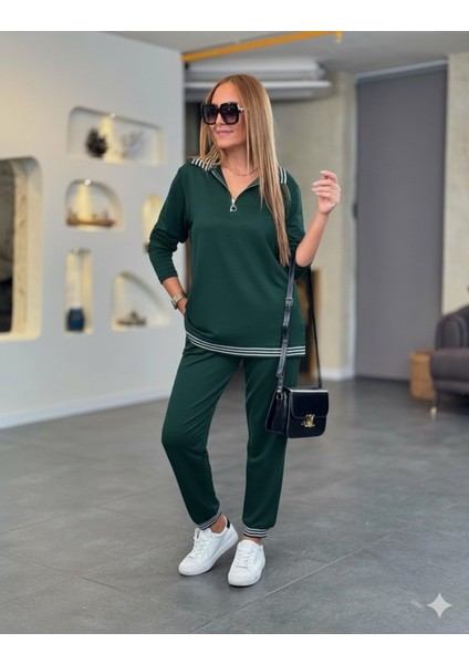 Ulak Handmader Kadın Uzun Kollu Fermuarlı Şerit Detay Desenli Alt Üst Ikili Viskon Iki Iplik Takım