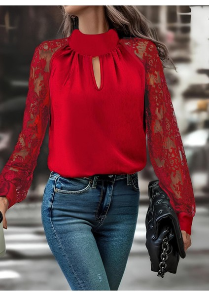 Ulak Handmader Kadın Uzun Kollu Göğüs Pencere Detay Yaka Boğazlı Kolları Tüllü Sandy Bluz modelleri