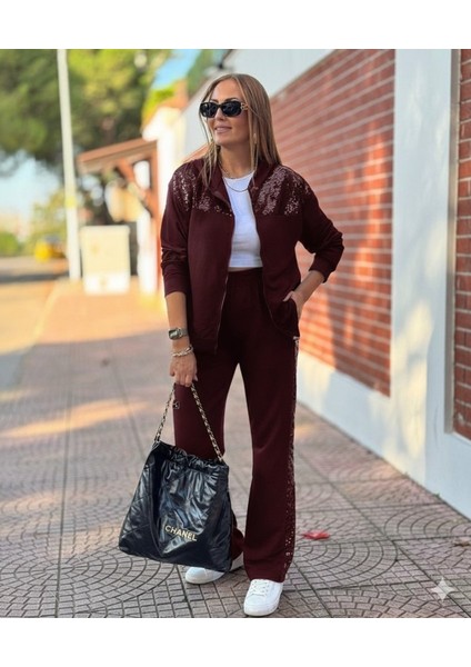 Ulak Handmader Kadın Uzun Kollu Önden Fermuarlı Pul Payetli Alt Üst Viskon Iki Iplik Takım