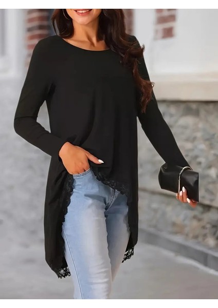 Ulak Handmader Kadın Uzun Kollu Bisiklet Yaka Asimetrik Kesim Detaylı Dantelli Viskon Bluz