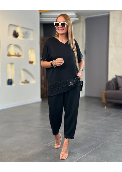 Ulak Handmader Kadın Kısa Kollu V Yakalı Pul Payetli Viskon Iki Iplik Bluz ve Pantolon Ikili Takım modelleri
