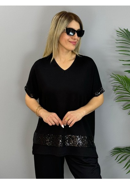 Ulak Handmader Kadın Kısa Kollu V Yakalı Pul Payetli Viskon Iki Iplik Bluz ve Pantolon Ikili Takım indirimleri