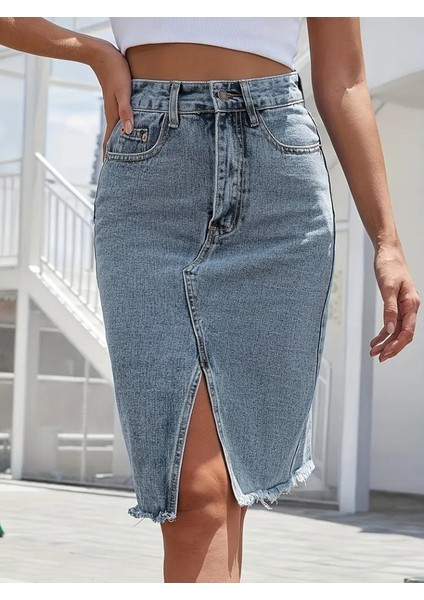 Ulak Handmader Kadın Elastik Bel Yırtık Kenar Detaylı Kot Etek