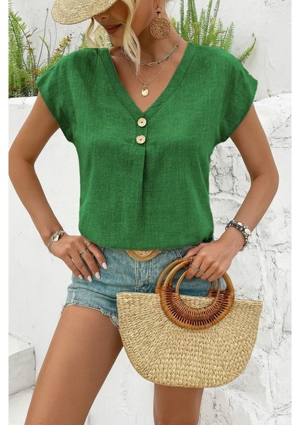 Ulak Handmader Kadın Kısa Kollu V Yakalı Düğmeli Keten Bluz modelleri