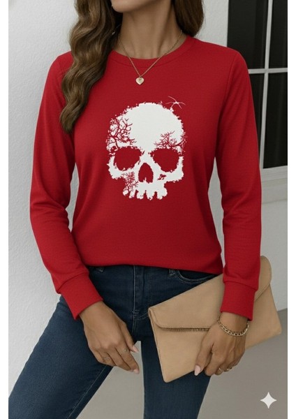 Ulak Handmader Kadın Uzun Kollu Bisiklet Yaka Kurukafa Desenli Viskon Bluz