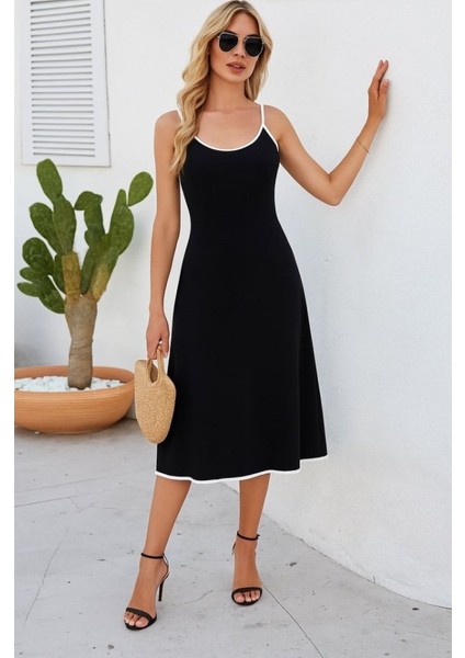 Ulak Handmader Kadın Ip Askılı Geniş V Yakalı Midi Janjan Krep Elbise