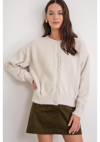 6902 Kadın Sakallı Basic Yumuşak Dokulu Triko Hırka Naturel