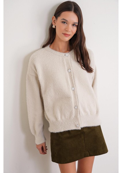 6902 Kadın Sakallı Basic Yumuşak Dokulu Triko Hırka Naturel fiyatları