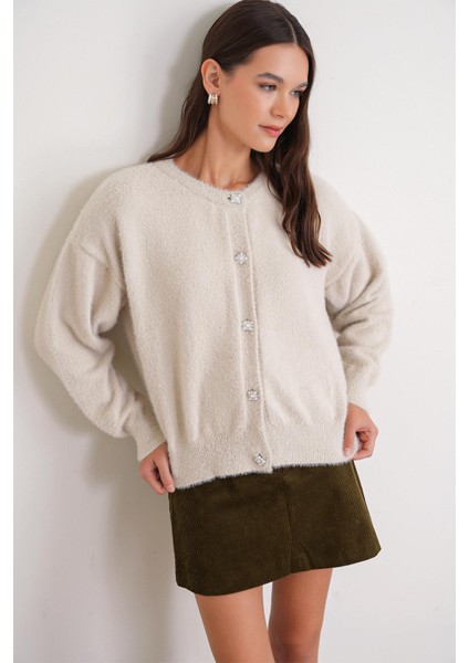 6902 Kadın Sakallı Basic Yumuşak Dokulu Triko Hırka Naturel modelleri