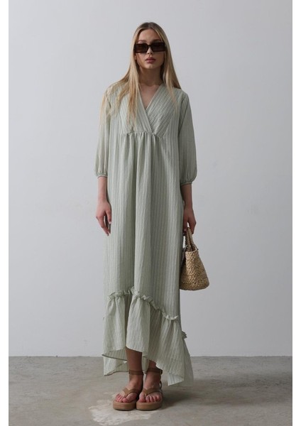Ulak Handmader Çizgili Oversize V Yaka Elbise - Haki fiyatları