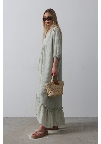 Ulak Handmader Çizgili Oversize V Yaka Elbise - Haki fırsatları