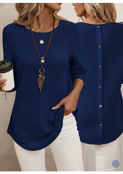 Ulak Handmader Kadın Uzun Kollu Yuvarlak Yaka Arkadan Düğmeli Waffle Bluz