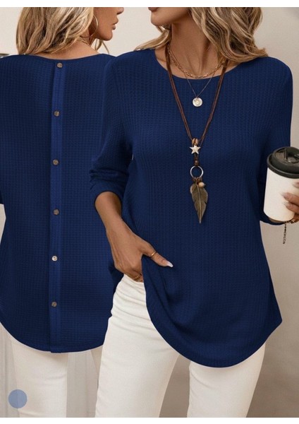 Ulak Handmader Kadın Uzun Kollu Yuvarlak Yaka Arkadan Düğmeli Waffle Bluz modelleri