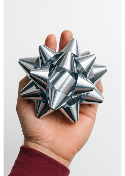 3 Adet Parlak Gümüş Büyük BOY-10CM Metalik Fiyonk Kutu ve Ambalaj Süsü Rafya Yapışkanlı Yıldız Süs