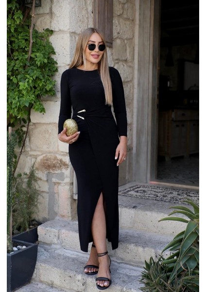 Ulak Handmader Kadın Uzun Kollu Önden Çapraz Detaylı Yandan Toka Detaylı Uzun Sandy Elbise