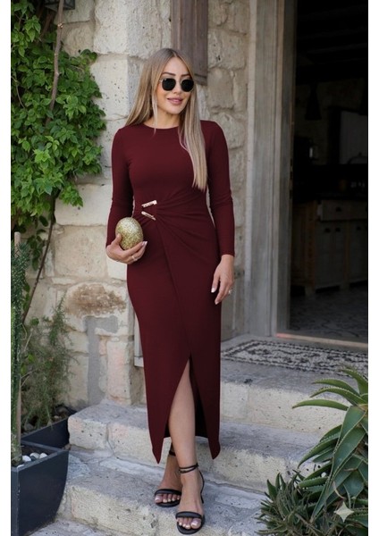 Ulak Handmader Kadın Uzun Kollu Önden Çapraz Detaylı Yandan Toka Detaylı Uzun Sandy Elbise