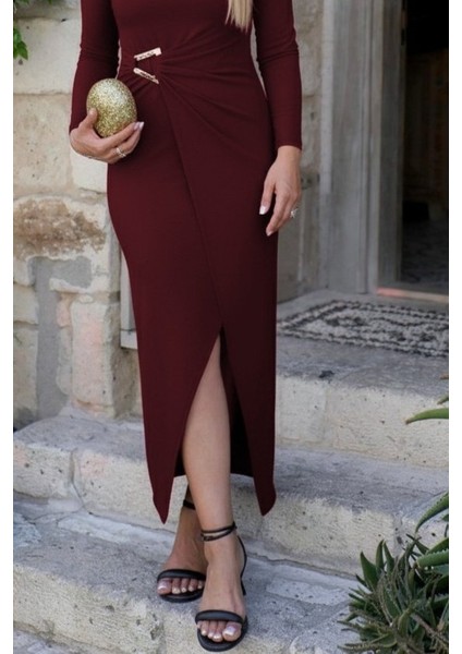 Ulak Handmader Kadın Uzun Kollu Önden Çapraz Detaylı Yandan Toka Detaylı Uzun Sandy Elbise modelleri