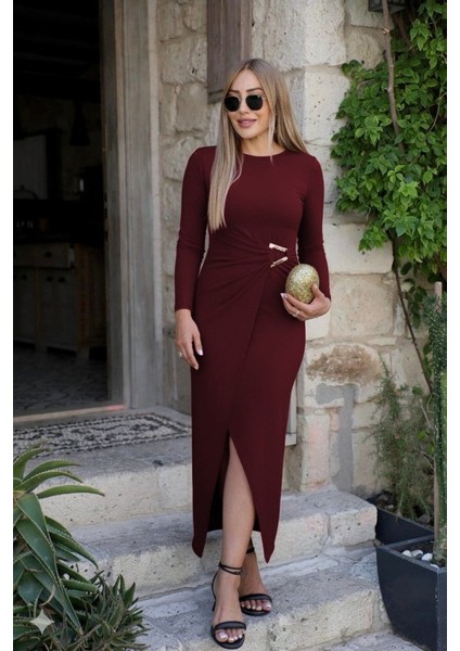 Ulak Handmader Kadın Uzun Kollu Önden Çapraz Detaylı Yandan Toka Detaylı Uzun Sandy Elbise fırsatları