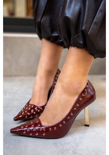 Elvis Bordo Deri Kadın Zımba Detaylı Topuklu Ayakkabı fiyatları