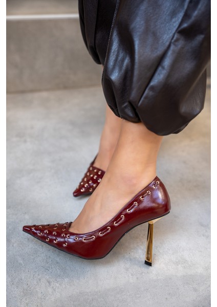 Elvis Bordo Deri Kadın Zımba Detaylı Topuklu Ayakkabı modelleri