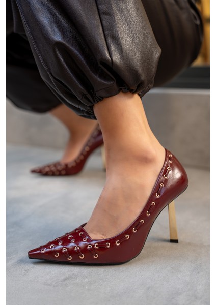 Elvis Bordo Deri Kadın Zımba Detaylı Topuklu Ayakkabı indirimleri