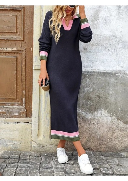 Ulak Handmader Kadın Uzun Kollu Yakalı Çok Renkli Triko Uzun Elbise modelleri