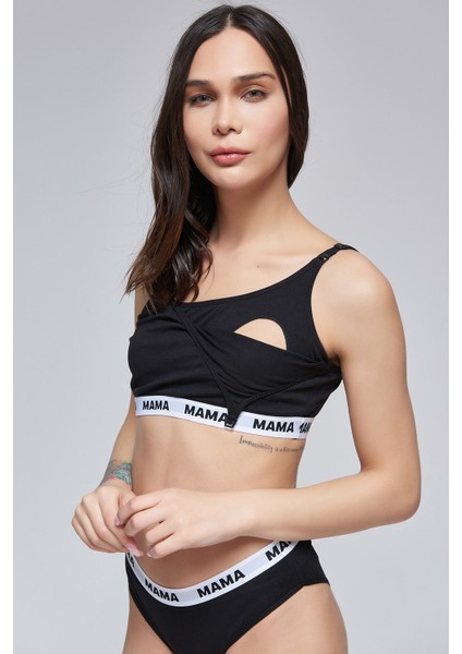 Mama Baskılı Siyah Hamile Emzirme Sütyen Külot Takım modelleri