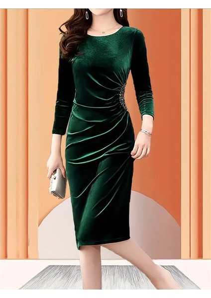 Ulak Handmader Kadın Uzun Kollu Yakası Açık Yanlardan Büzgülü Taş Detaylı Midi Kadife Elbise fırsatları