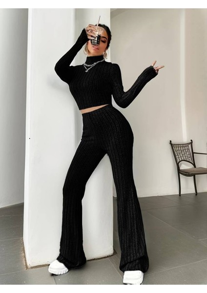 Ulak Handmader Kadın Uzun Kollu Balıkçı Yaka Krop ve Pantolon Şardonlu Kaşkorse Ikili Takım modelleri