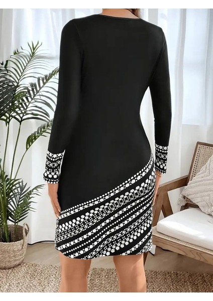 Ulak Handmader Kadın Uzun Kollu Bisiklet Yaka Desenli Dalgıç Elbise fırsatları