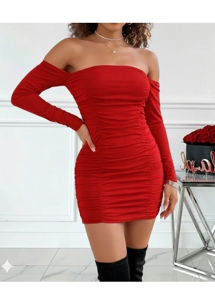 Ulak Handmader Kadın Uzun Kollu Omuzlardan Açık Takma Kollu Büzgülü Sandy Kısa Elbise modelleri