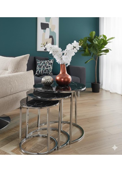 3' Lü Temperli Kırılmaz Siyah Mermer Desen Cam Metal Zigon Sehpa