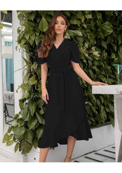 Ulak Handmader Kadın Kruvaze Yaka Midi Boy Kuşaklı Krep Elbise 120 cm