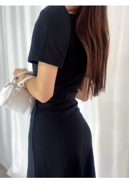 Ulak Handmader Kadın Kruvaze Yaka Midi Boy Kuşaklı Krep Elbise 120 cm