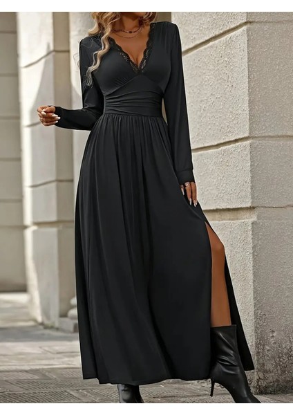 Ulak Handmader Kadın Uzun Kollu V Dantel Yakalı Yırtmaçlı Uzun Sandy Elbise indirimleri